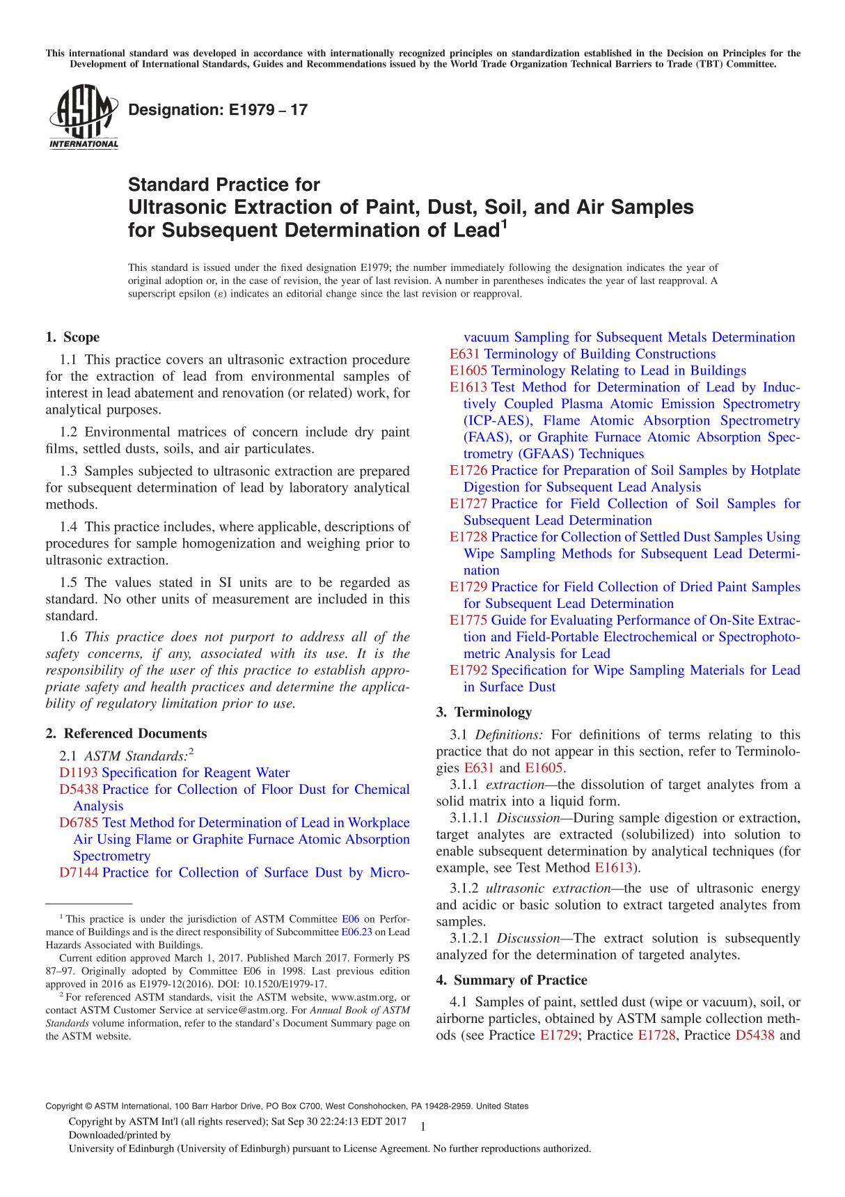 ASTM E1979-17 Standard Practice for Ultrasonic Extraction of Paint, Dust, Soil, and Air Samples for Subsequent