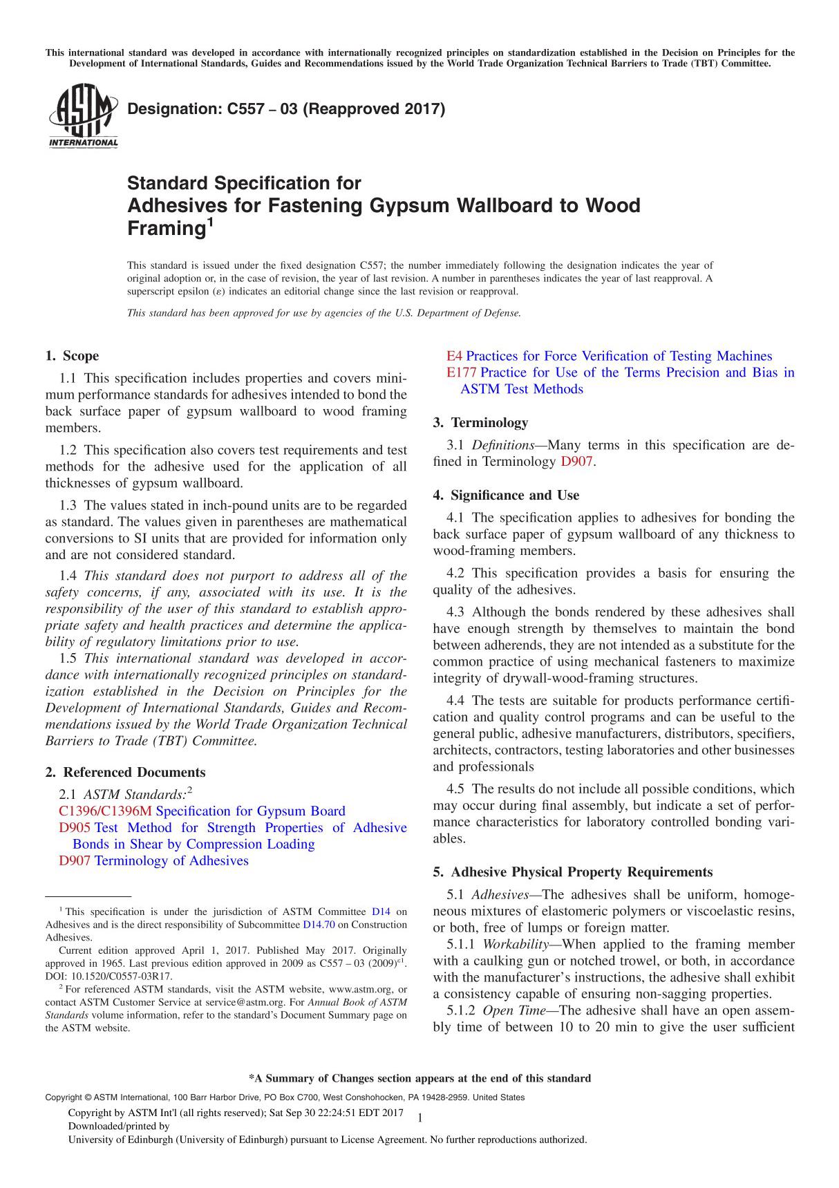 ASTM C557-03(2017) Standard Specification for Adhesives for Fastening Gypsum Wallboard to Wood Framing