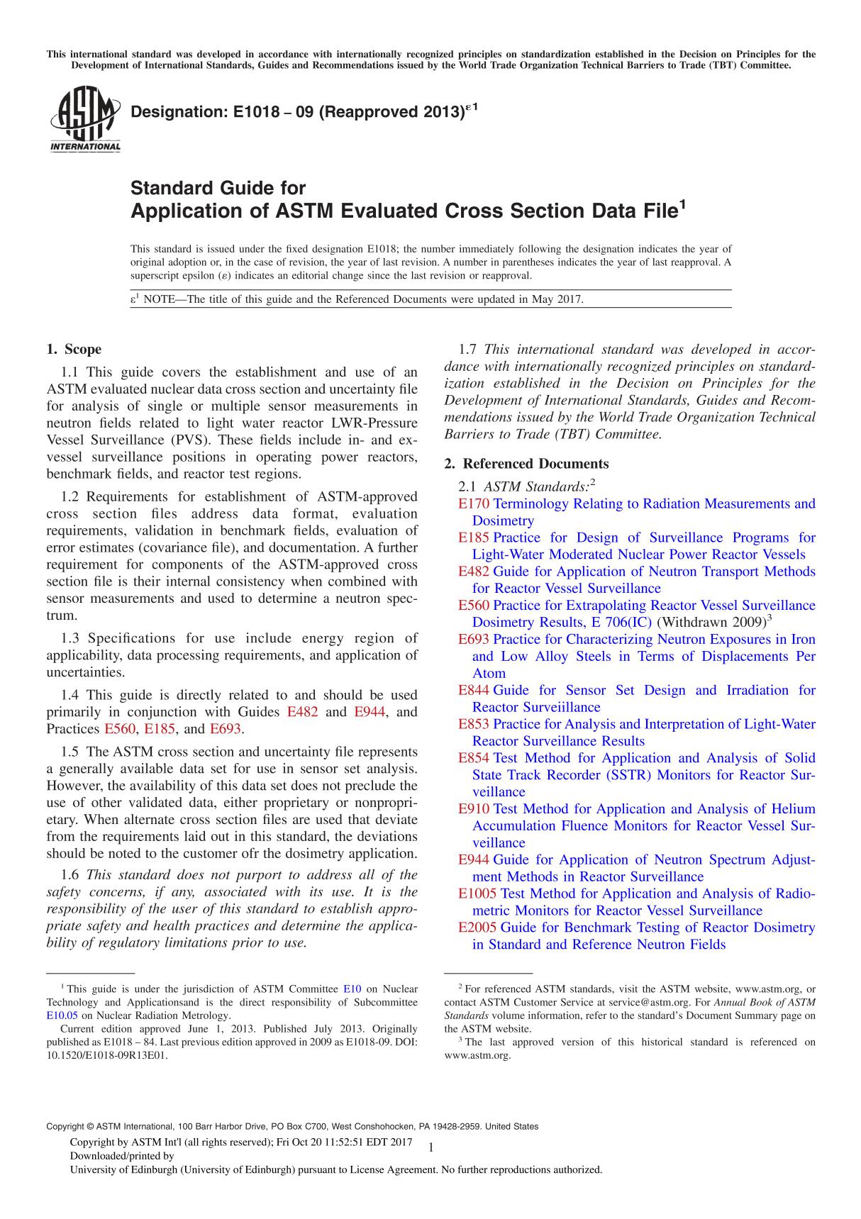 ASTM E1018-09(2013)e1 Standard Guide for Application of ASTM Evaluated Cross Section Data File