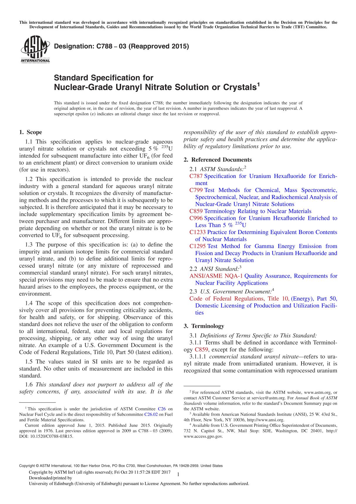 ASTM C788-03(2015) Standard Specification for Nuclear-Grade Uranyl Nitrate Solution or Crystal