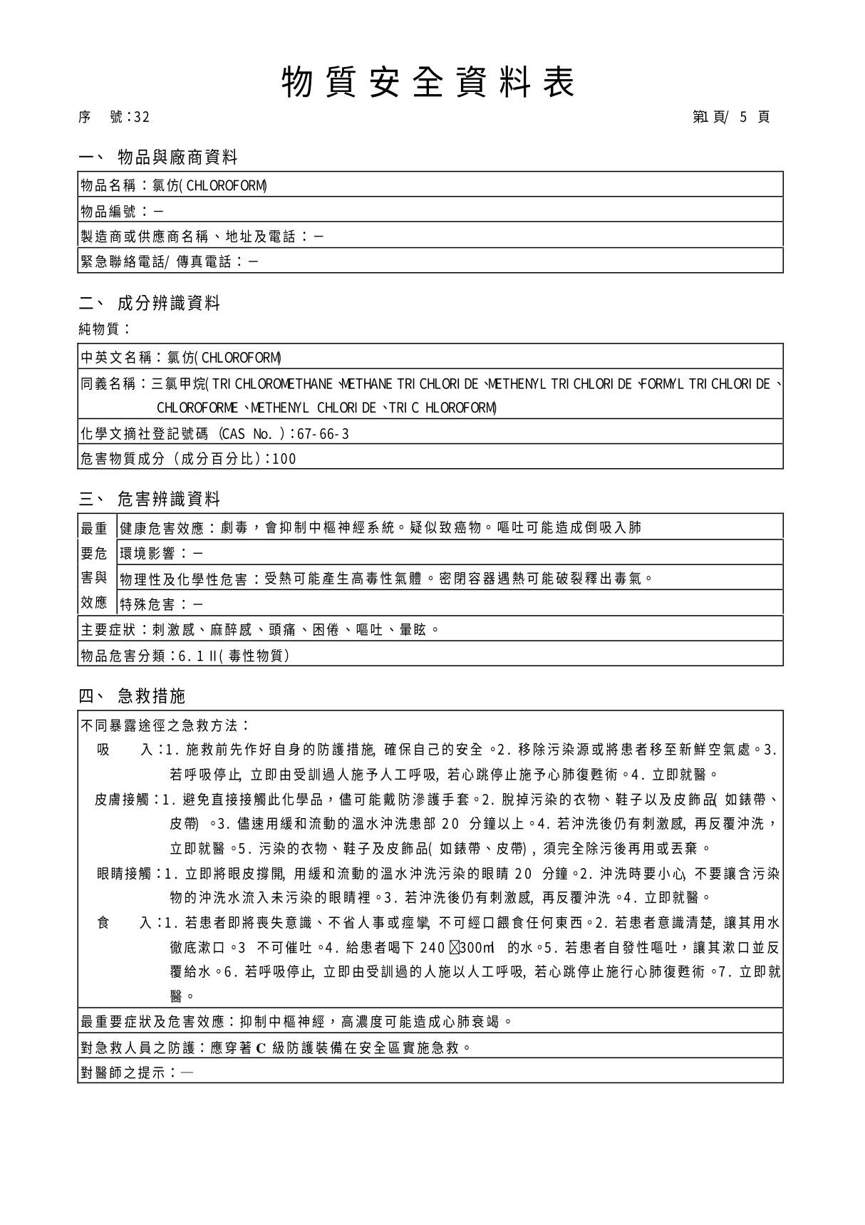 物性表 MSDS 氯仿(CHLOROFORM)