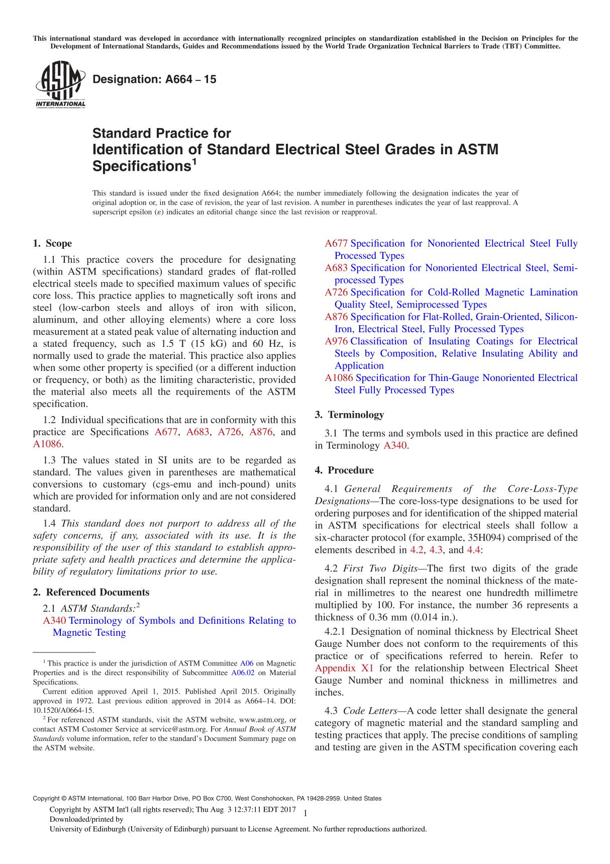 ASTM A66415 Standard Practice for Identification of Standard Electrical Steel Grades in ASTM Specifications1