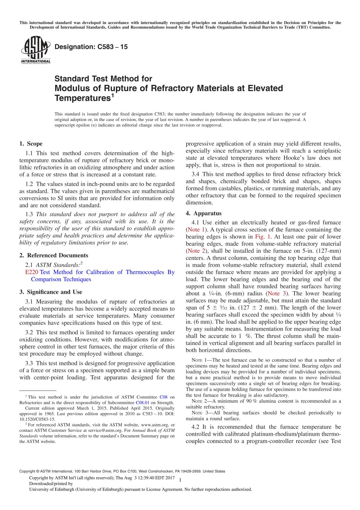 ASTM C583-15 Standard Test Method for Modulus of Rupture of Refractory Materials at Elevated Temperatures1