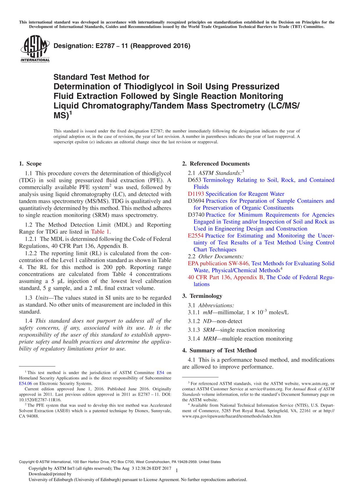 ASTM E2787 11 (Reapproved 2016) Standard Test Method for Determination of Thiodiglycol in Soil Using Pressurized Fluid Extract