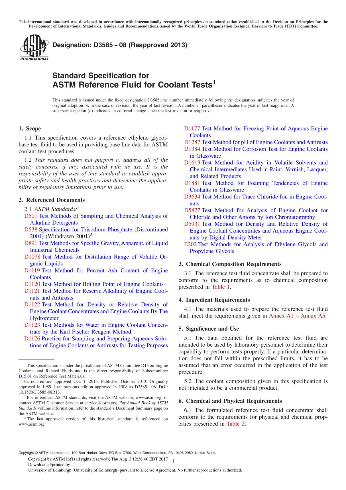 ASTM D3585 08 (Reapproved 2013) Standard Specification for ASTM Reference Fluid for Coolant Tests1