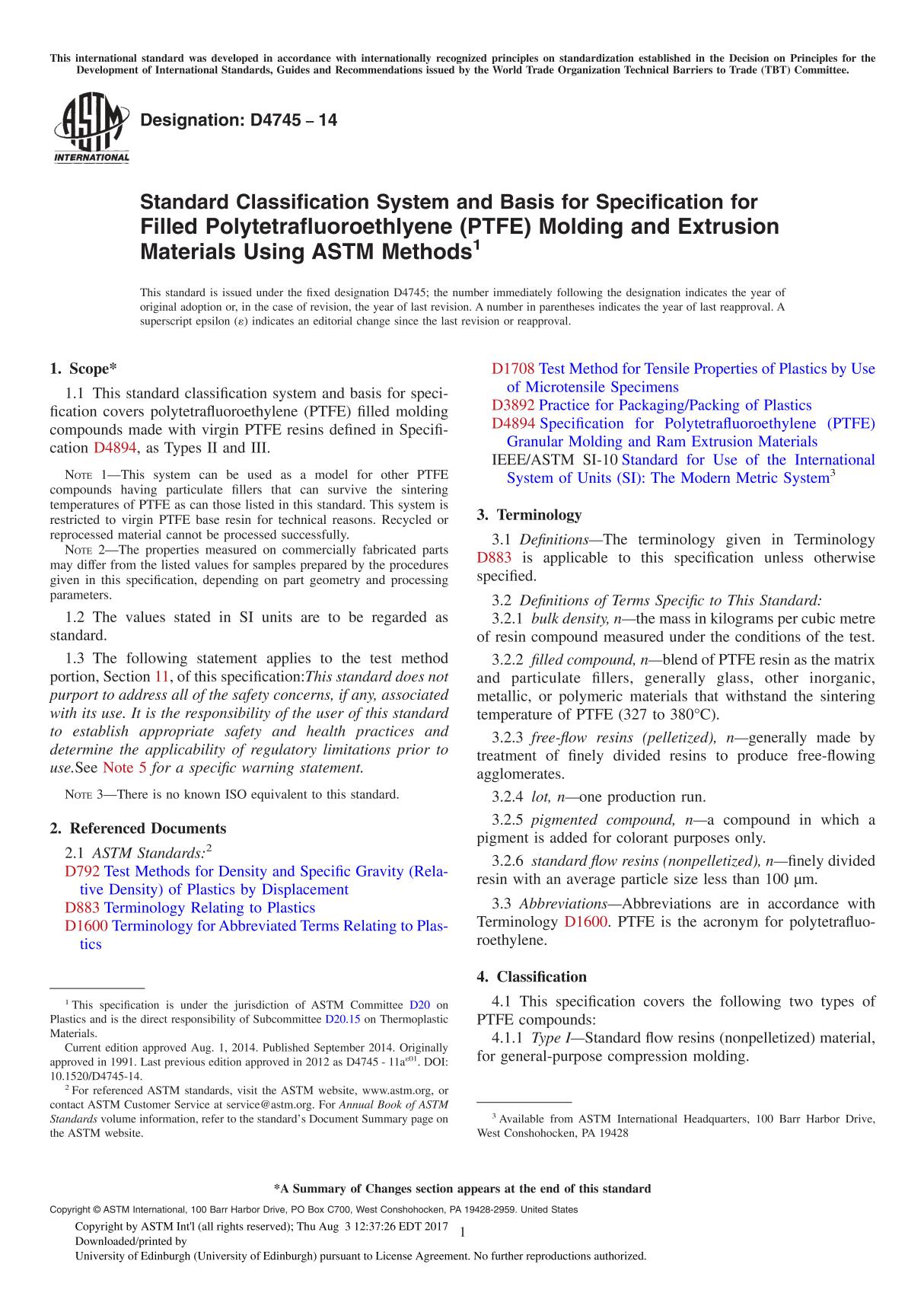 ASTM D4745 14 Standard Classification System and Basis for Specification for Filled Polytetrafluoroethlyene (PTFE) Molding and