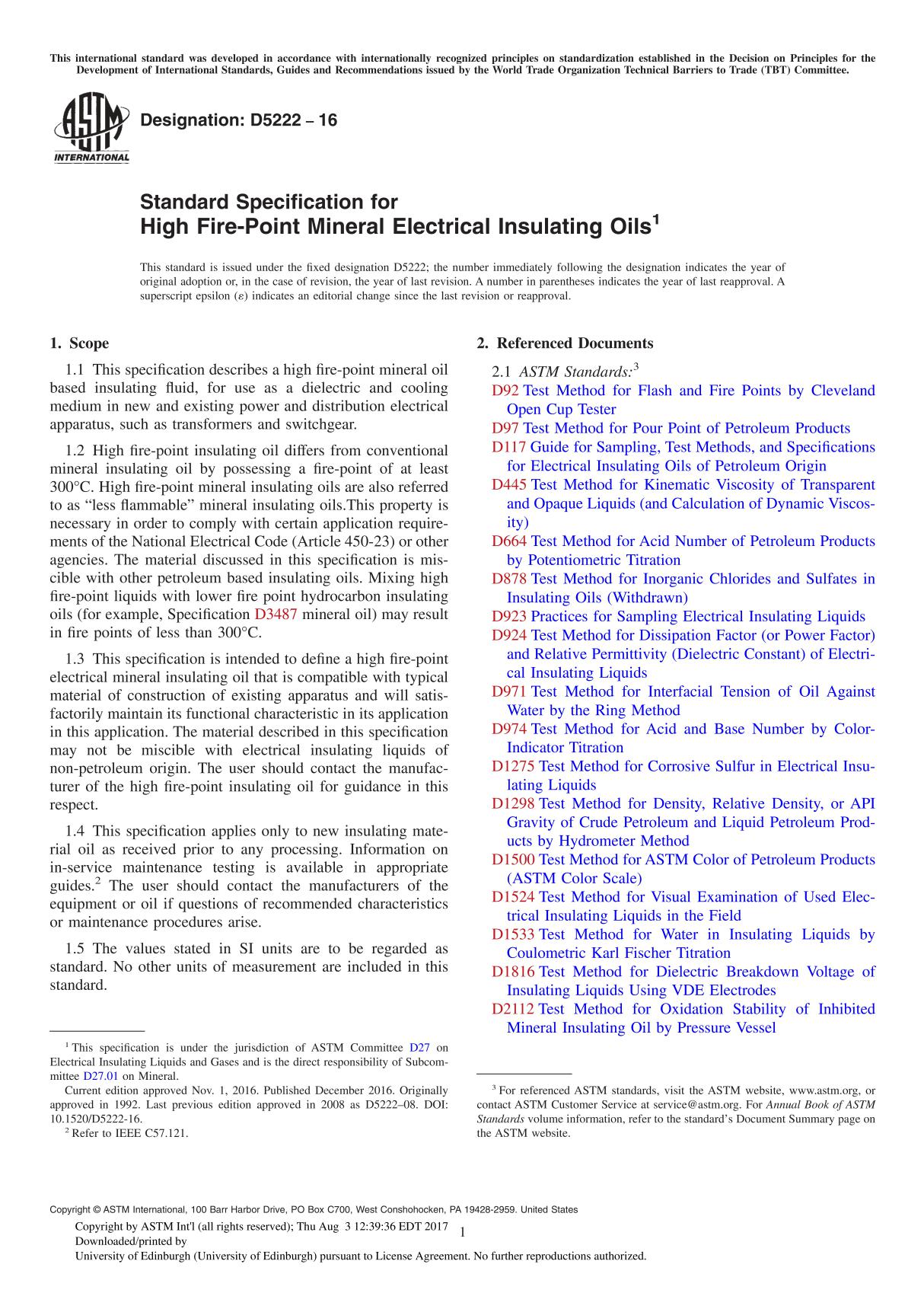 ASTM D5222 16 Standard Specification for High Fire-Point Mineral Electrical Insulating Oils1