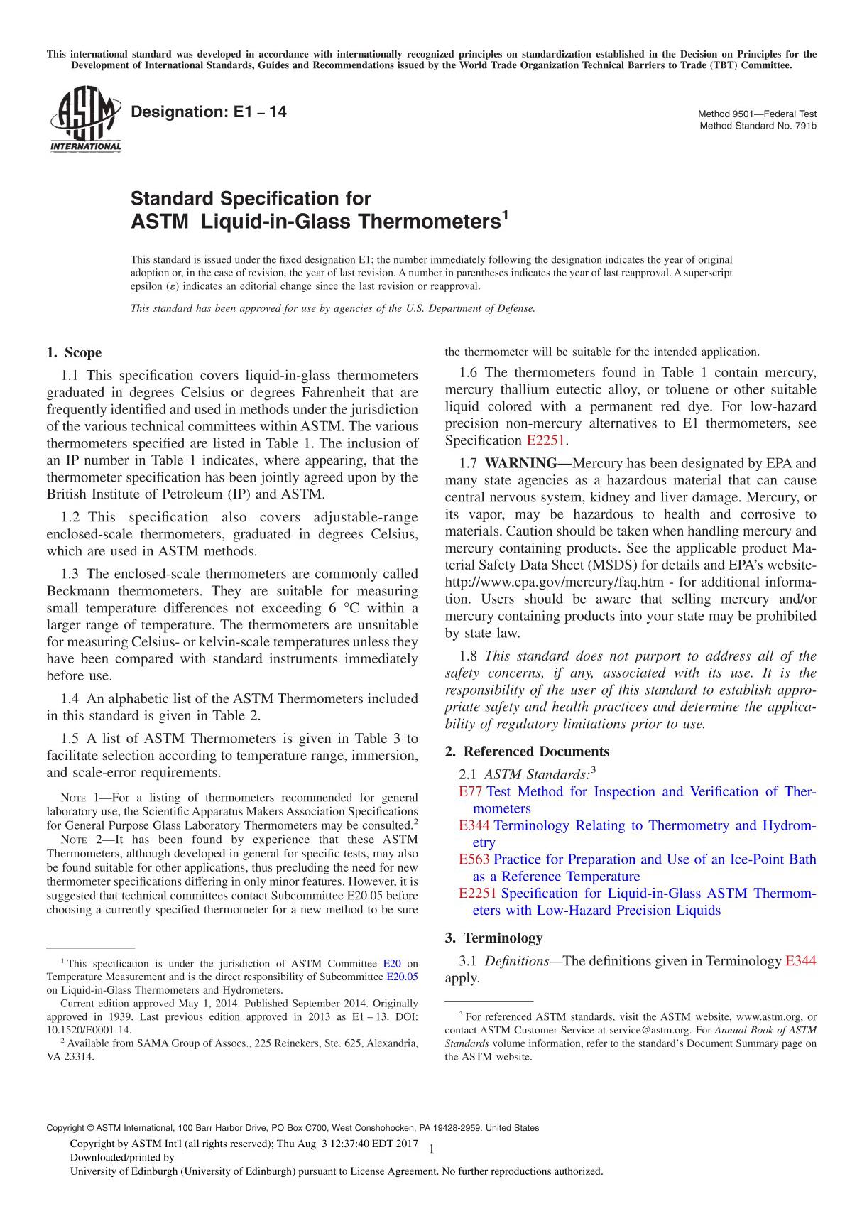 ASTM E1 14 Method 9501Federal Test Method Standard No. 791b Standard Specification for ASTM Liquid-in-Glass Thermometers1