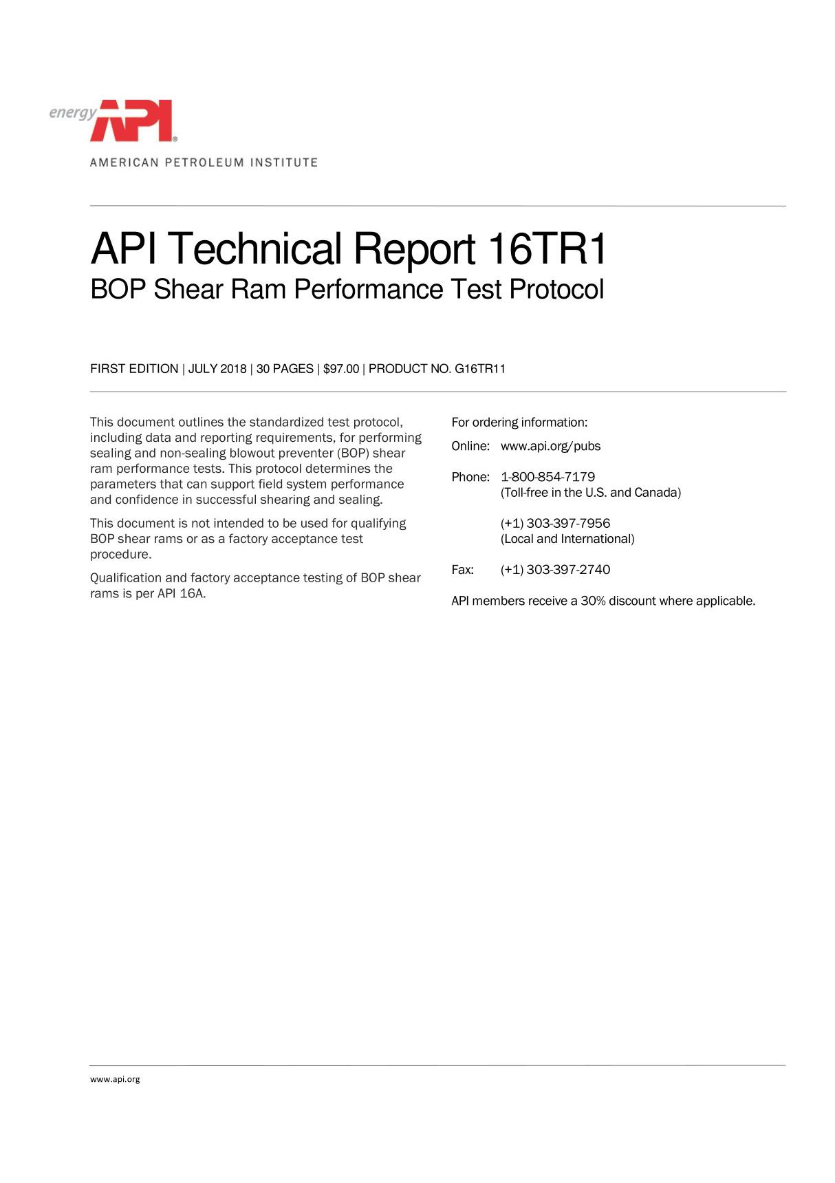 API TR 16TR1《剪切防喷器性能试验准则》第一版