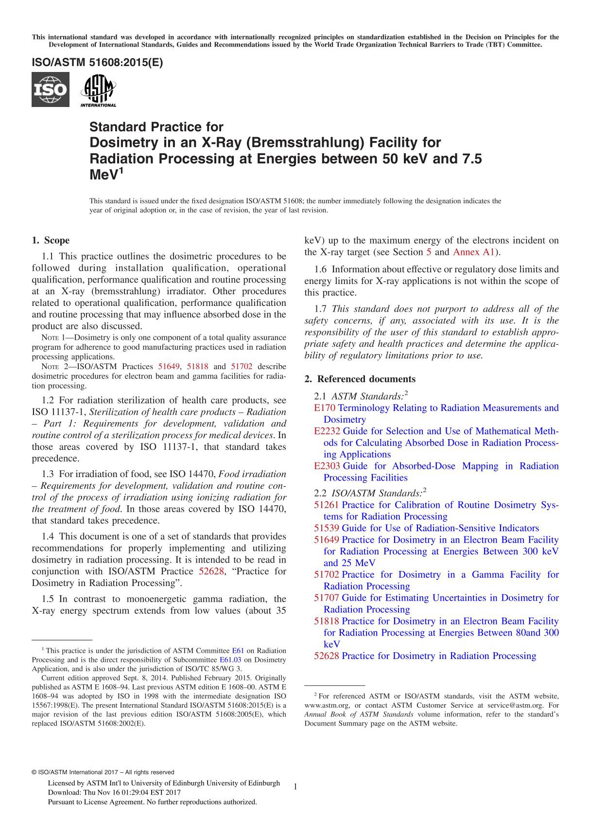 ASTM ISO ASTM 51608-15 Standard Practice for Dosimetry in an X-Ray (Bremsstrahlung) Facility for Radiation Processing at Energie