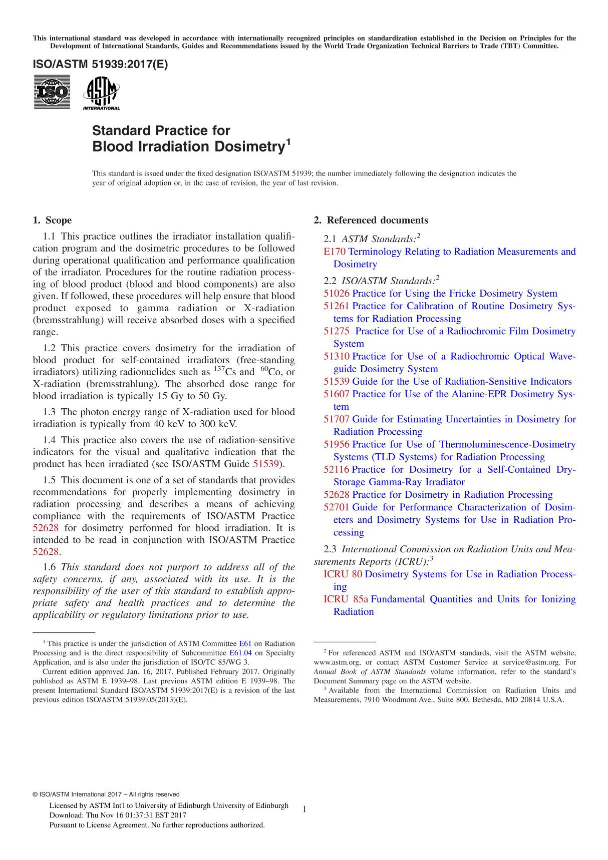 ASTM ISO ASTM 51939-17 Standard Practice for Blood Irradiation Dosimetry