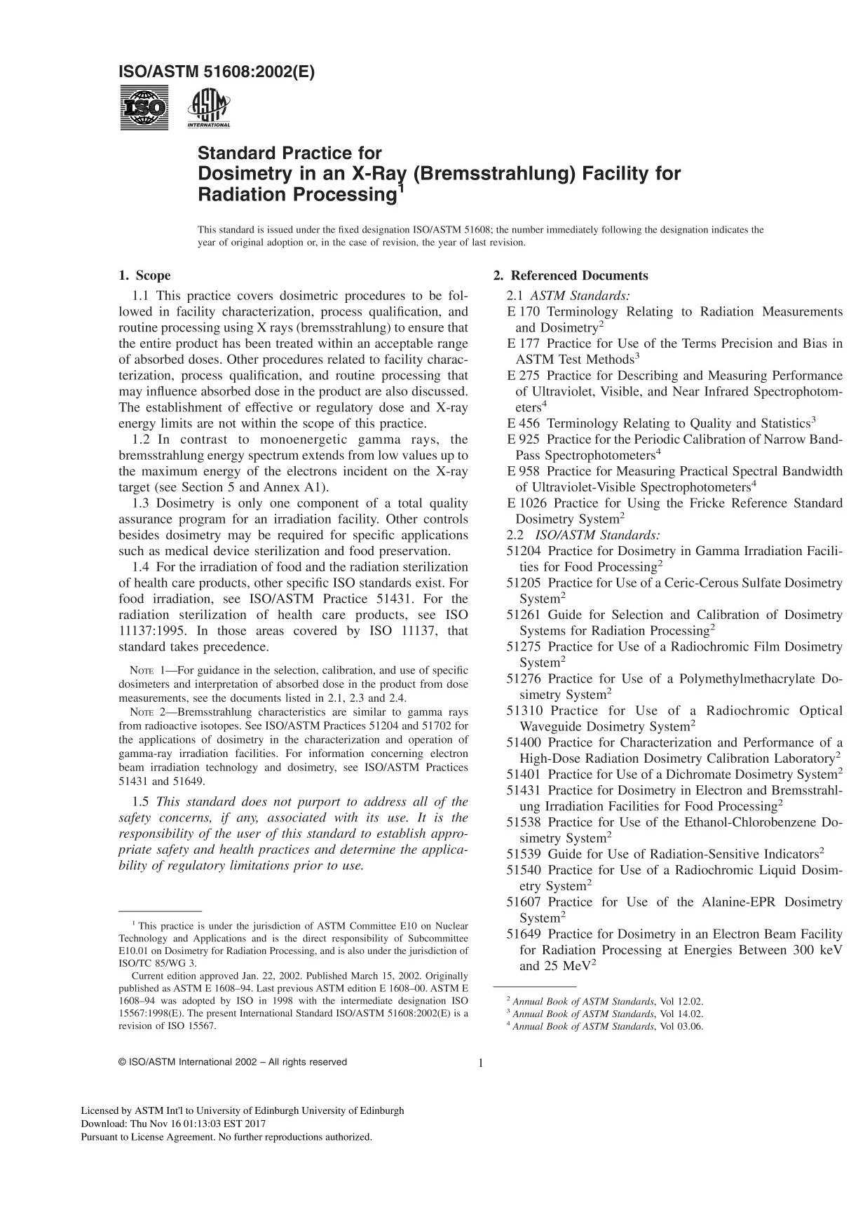 ISO ASTM 51608 - 02 Standard Practice for Dosimetry in an X-Ray (Bremsstrahlung) Facility for Radiation Processing