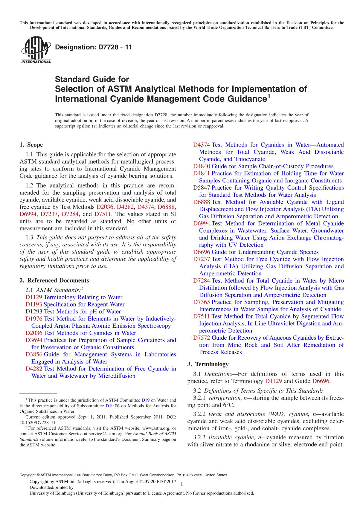 ASTM D7728 11 Standard Guide for Selection of ASTM Analytical Methods for Implementation of International Cyanide Management C