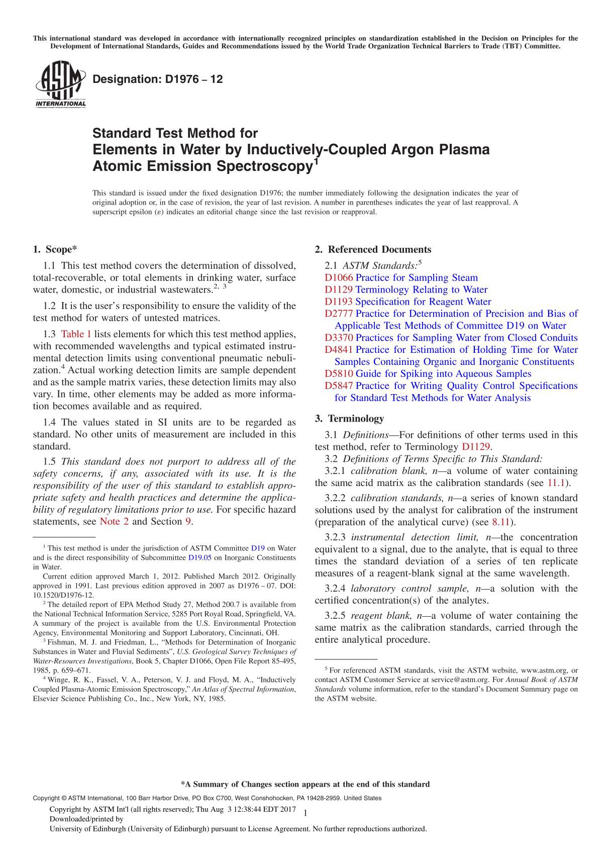 ASTM D1976 12 Standard Test Method for Elements in Water by Inductively-Coupled Argon Plasma Atomic Emission Spectroscopy1