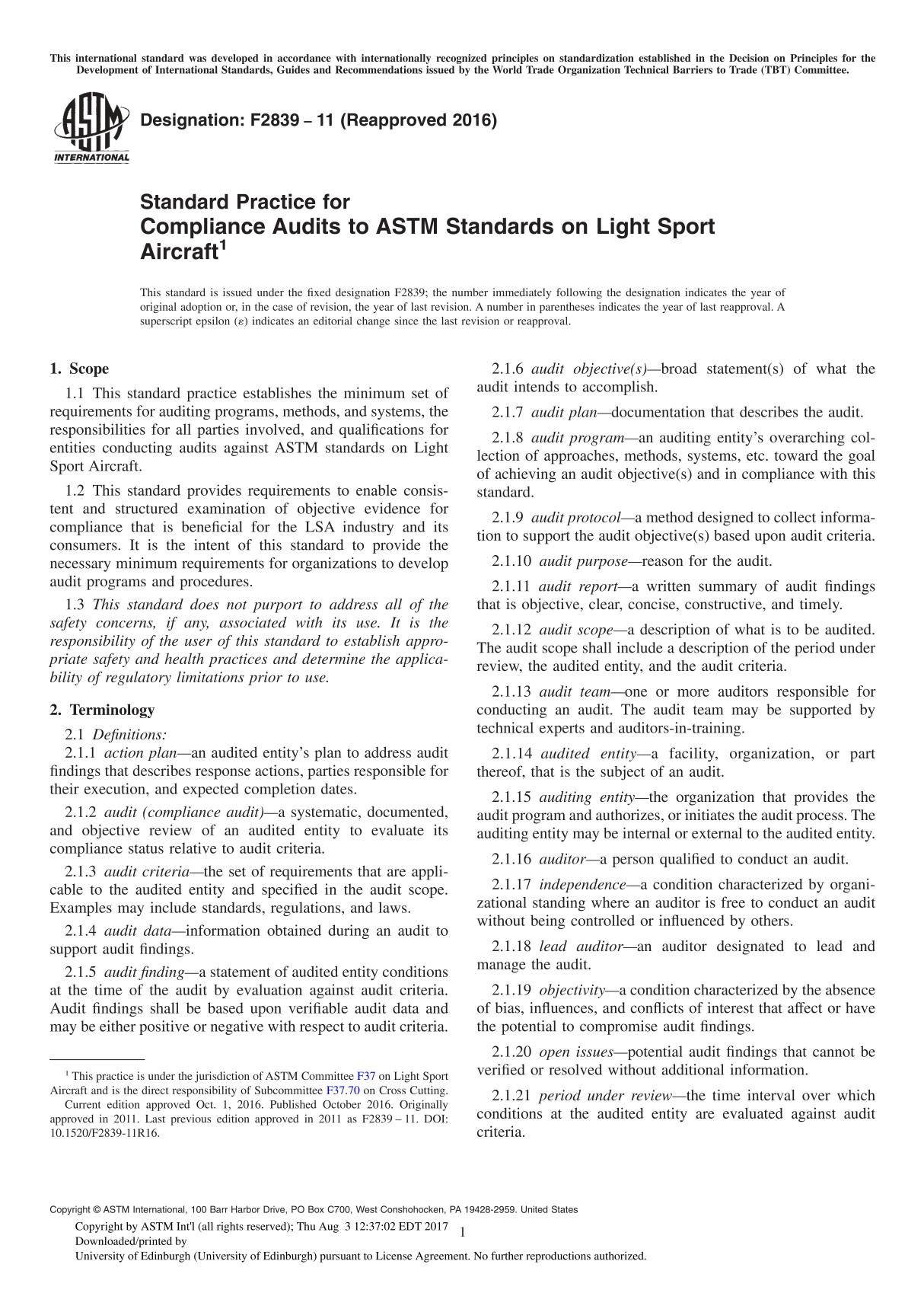 ASTM F2839 11 (Reapproved 2016) Standard Practice for Compliance Audits to ASTM Standards on Light Sport Aircraft1