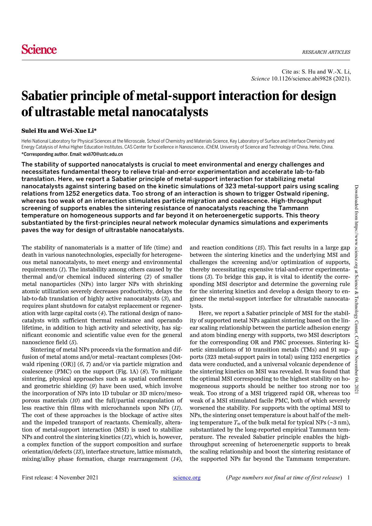 Sabatier principle of metal-support interaction for design of ultrastable metal nanocatalysts