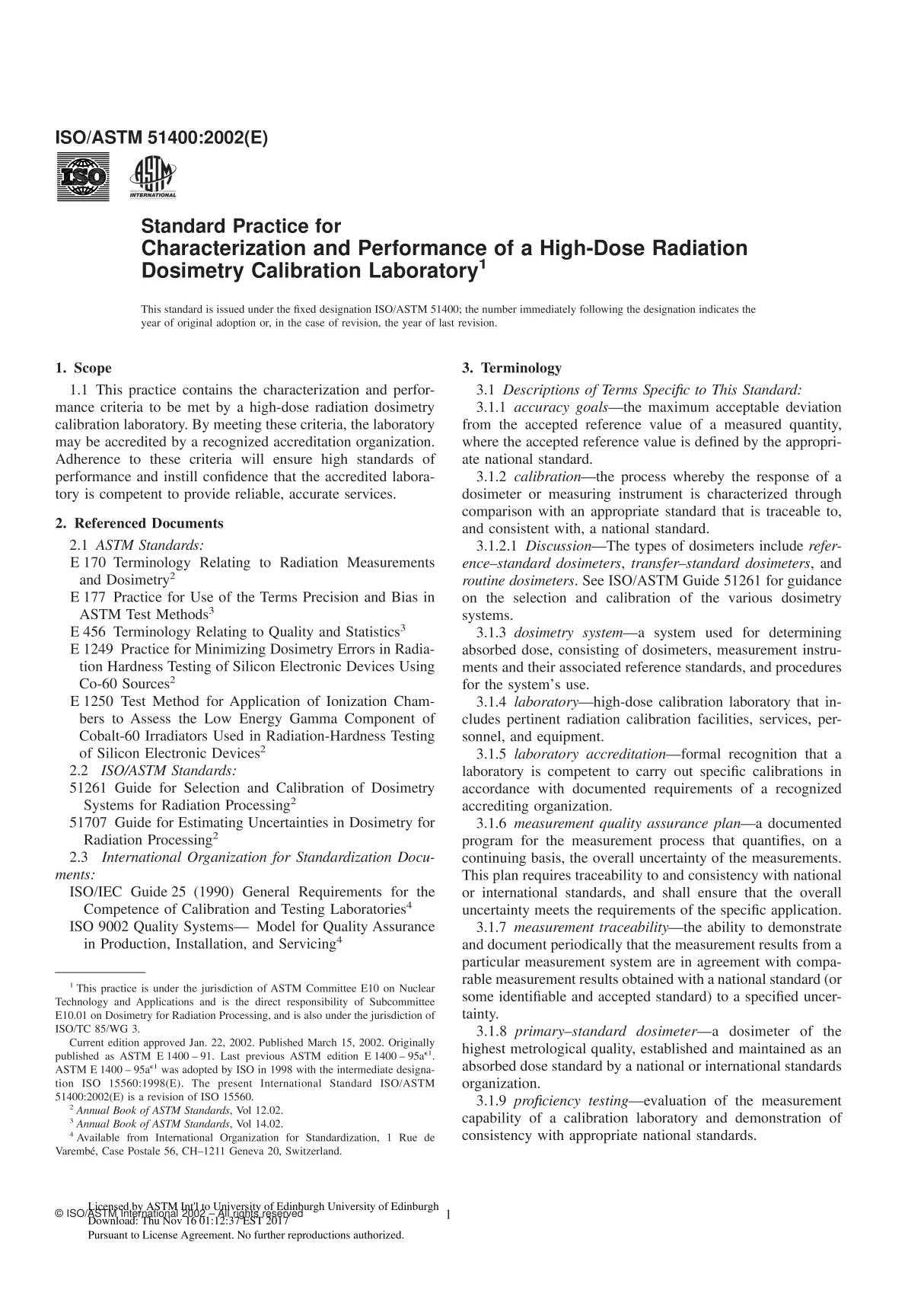 ISO ASTM51400 - 02 Standard Practice for Characterization and Performance of a High-Dose Radiation Dosimetry Calibration Labora