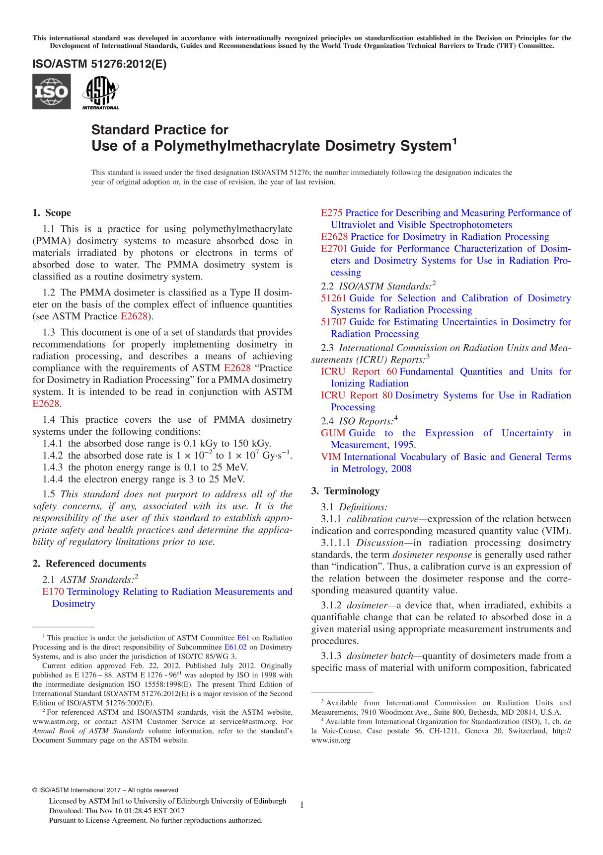 ASTM ISO ASTM 51276-12 Standard Practice for Use of a Polymethylmethacrylate Dosimetry System