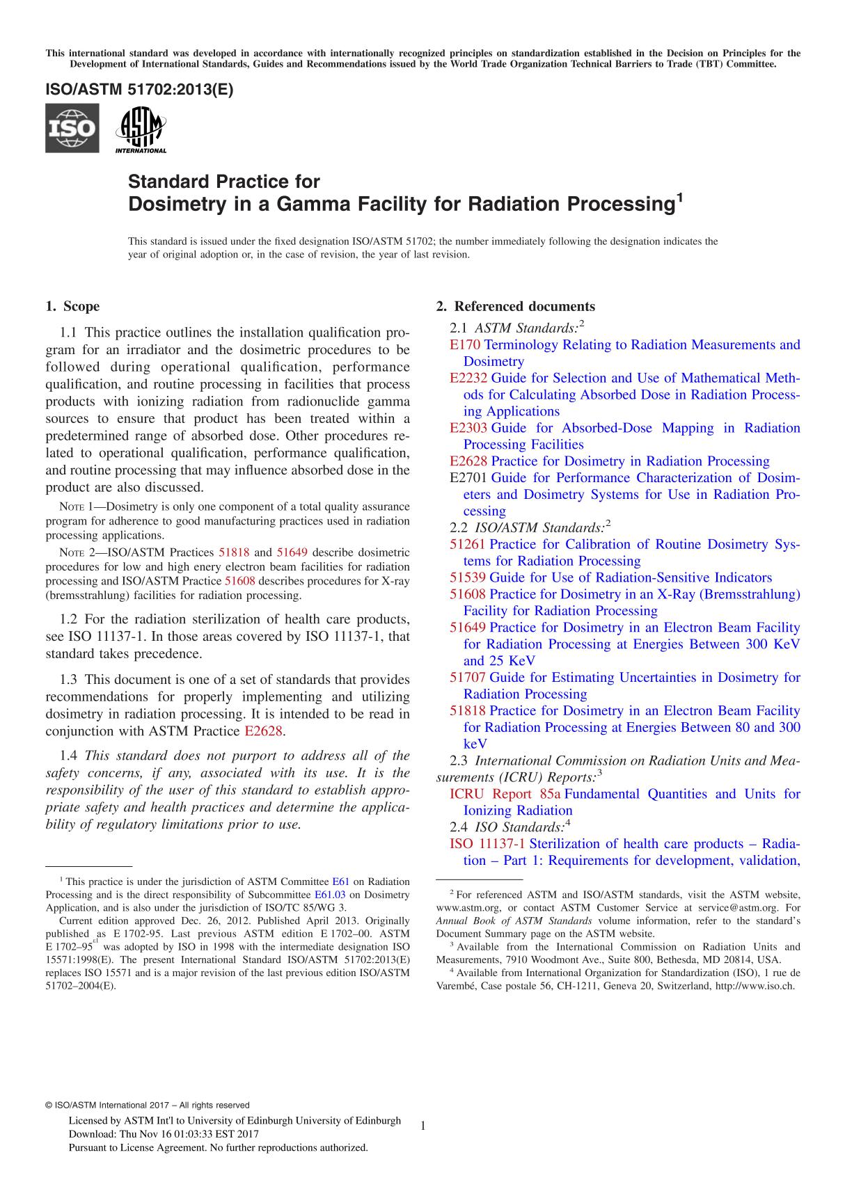 ASTM ISO ASTM 51702-13 Standard Practice for Dosimetry in a Gamma Facility for Radiation Processing