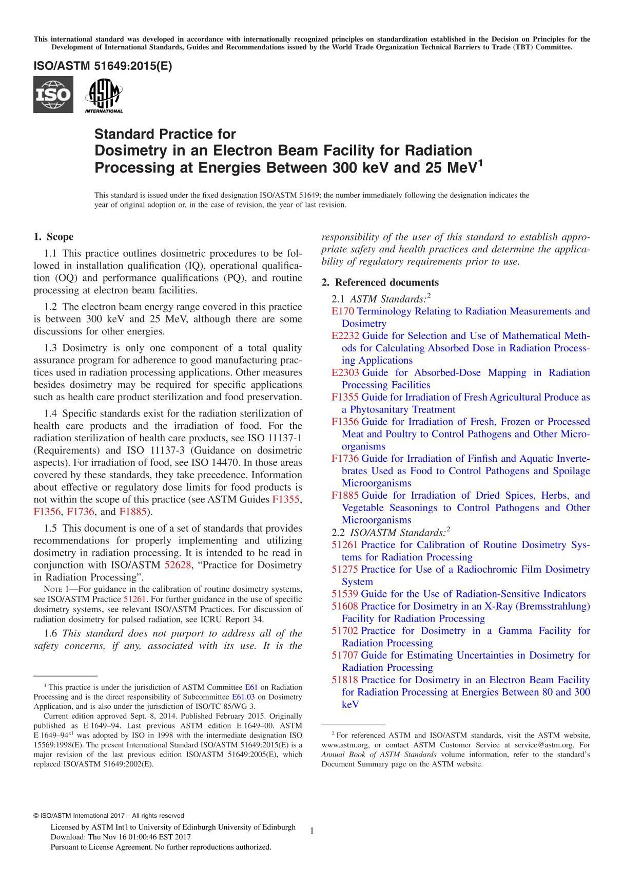 ASTM ISO ASTM 51649-15 Standard Practice for Dosimetry in an Electron Beam Facility for Radiation Processing at Energies Between