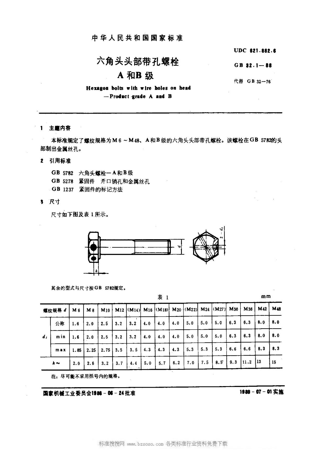 GB-T32.1-1988六角头头部带孔螺栓 A和B级