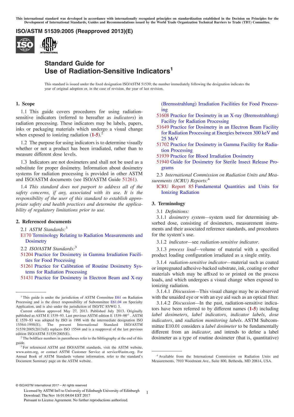 ASTM ISO ASTM 51539-05(2013) Standard Guide for Use of Radiation-Sensitive Indicator