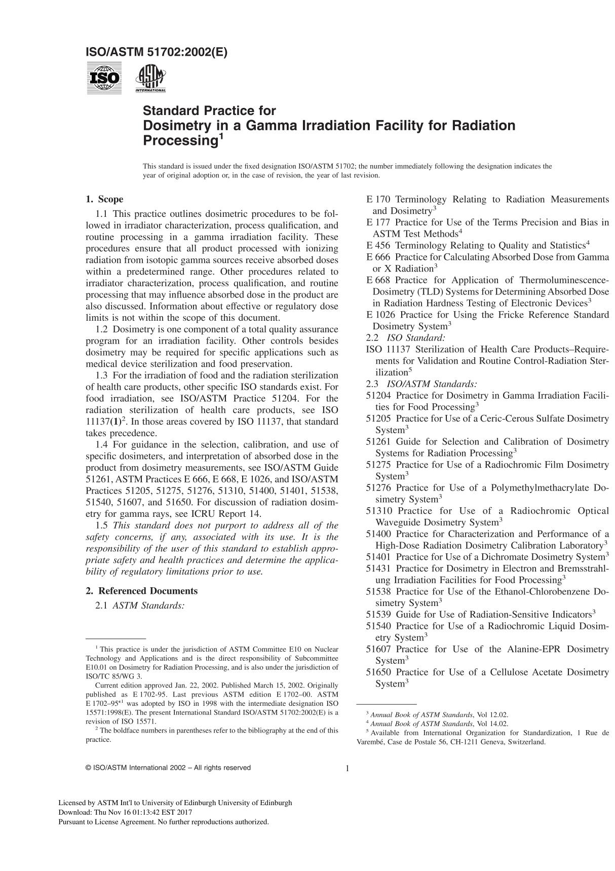 ISO ASTM 51702 - 02 Standard Practice for Dosimetry in a Gamma Irradiation Facility for Radiation Processing