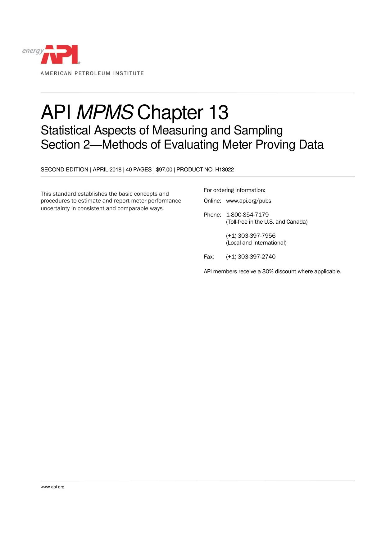 API MPMS Chapter 13《计量与取样的统计第二部分 评估仪表校对数据的方法》第二版