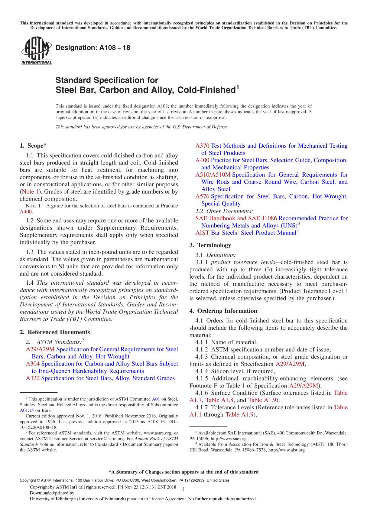 ASTM A108-18 Standard Specification for Steel Bar, Carbon and Alloy, Cold-Finished