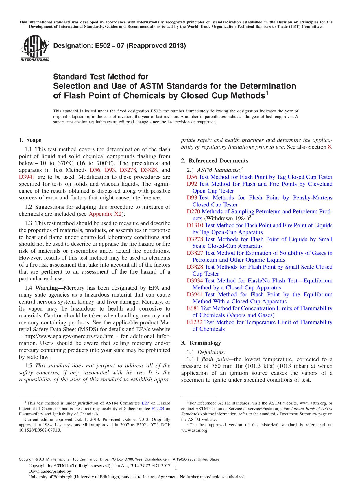 ASTM E502 07 (Reapproved 2013) Standard Test Method for Selection and Use of ASTM Standards for the Determination of Flash Poi