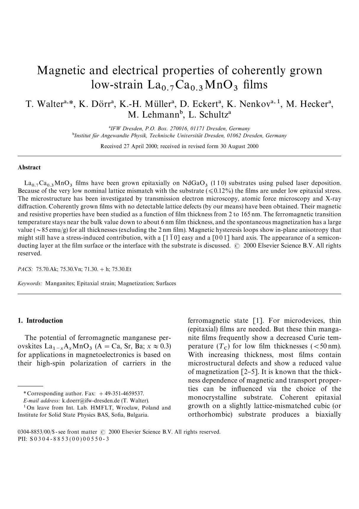 Magnetic and electrical properties of coherently grown low-strain La(sub)0.7(sub)Ca(sub)0.3(sub)MnO(sub)3(sub) films