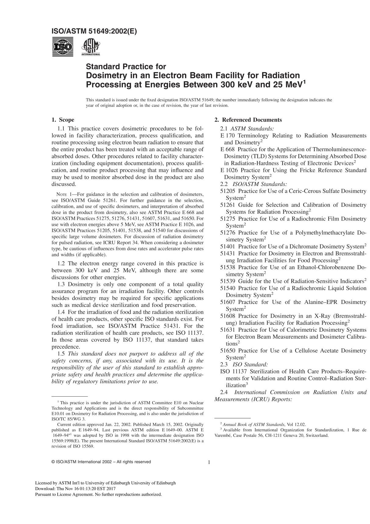 ISO ASTM 51649 - 02 Standard Practice for Dosimetry in an Electron Beam Facility for Radiation Processing at Energies Between 3