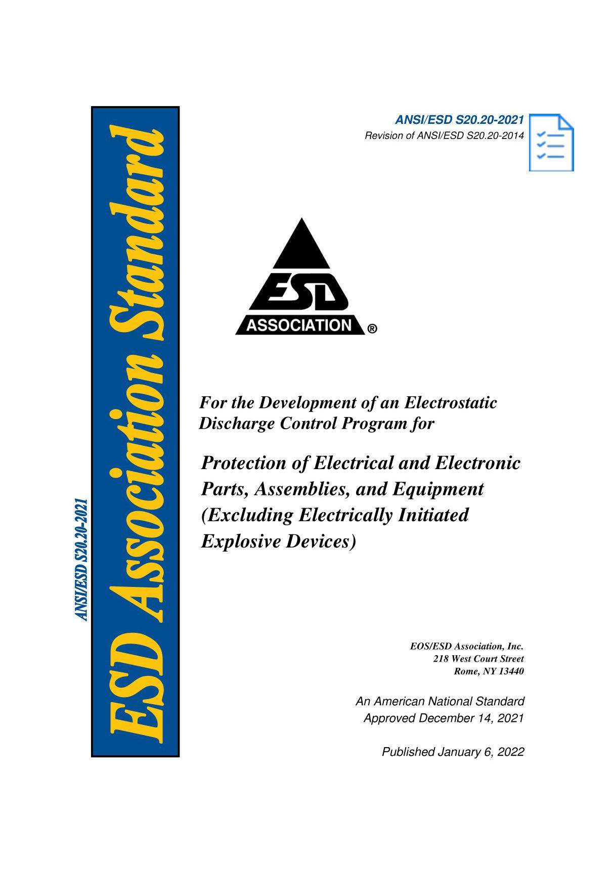 ANSI/ESD S20.20 2022 电气和电子零件 组件和设备的保护(不包括电引发爆炸装置)- 完整英文电子版(28页)