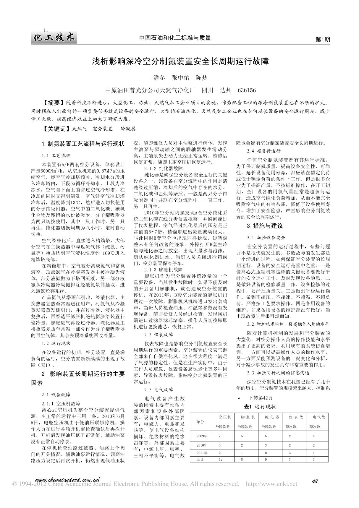 浅析影响深冷空分制氮装置安全长周期运行故障