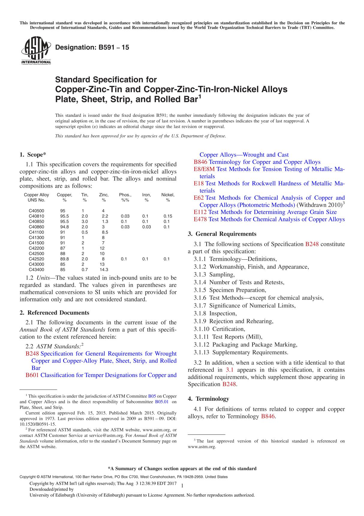 ASTM B591 15 Standard Specification for Copper-Zinc-Tin and Copper-Zinc-Tin-Iron-Nickel Alloys Plate, Sheet, Strip, and Rolled