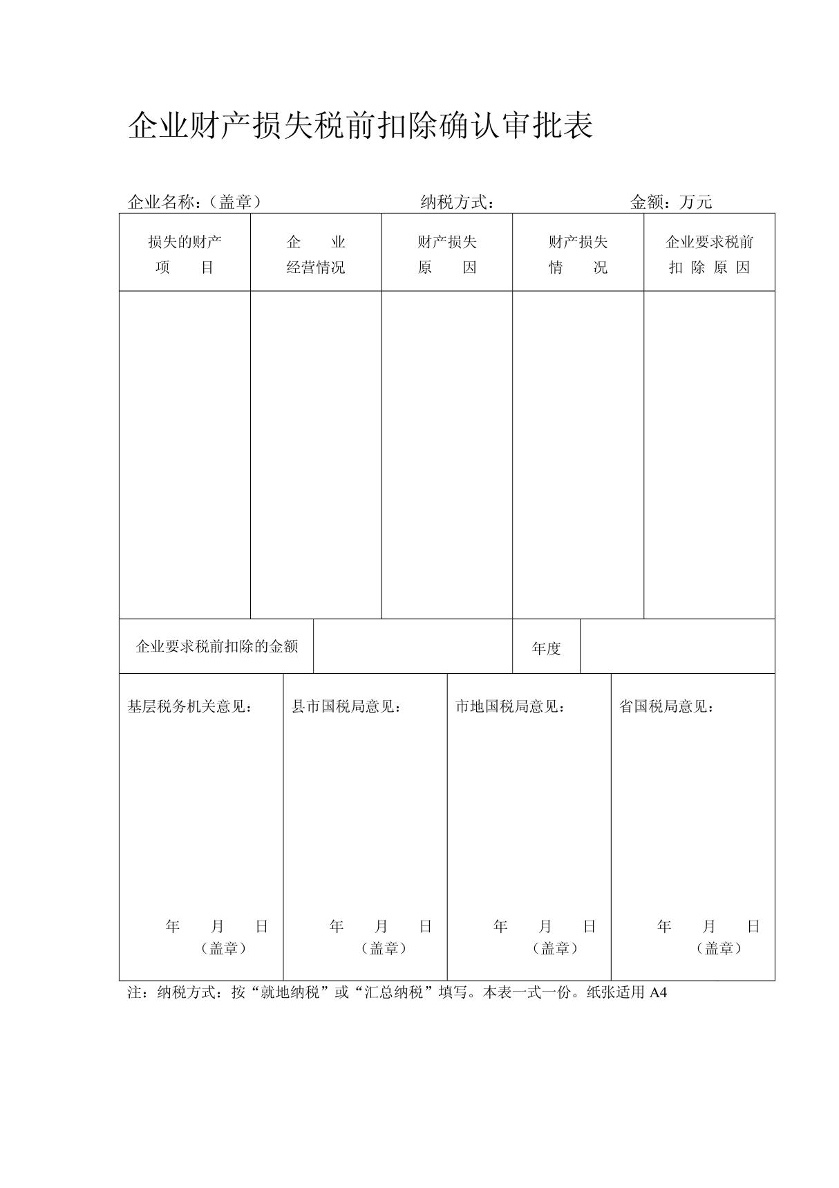 企业财产损失税前扣除确认审批表