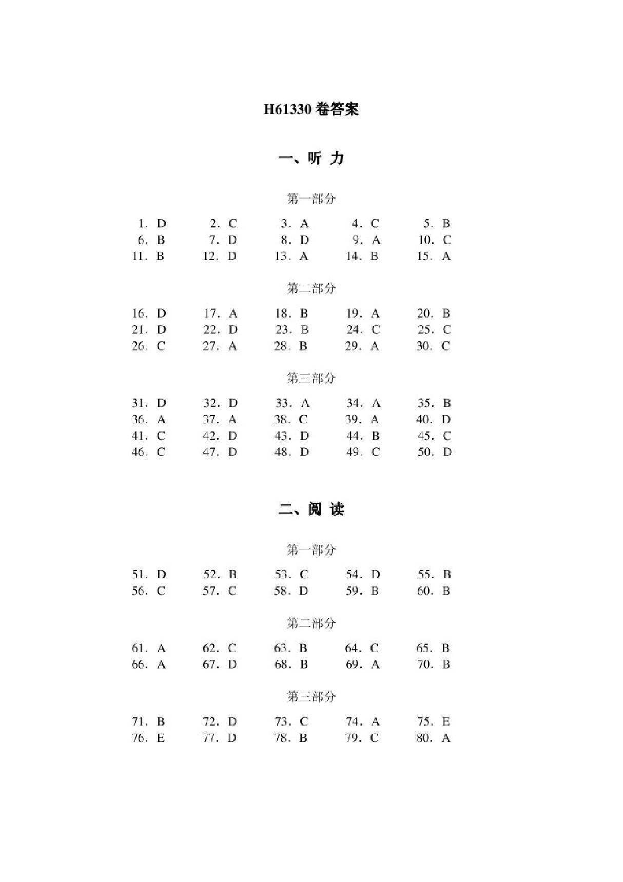 新汉语水平考试HSK6(六级)试题真题H61330答案