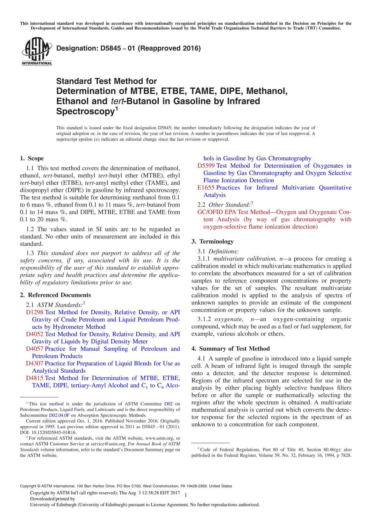 ASTM D5845 01 (Reapproved 2016) Standard Test Method for Determination of MTBE, ETBE, TAME, DIPE, Methanol, Ethanol and tert-B