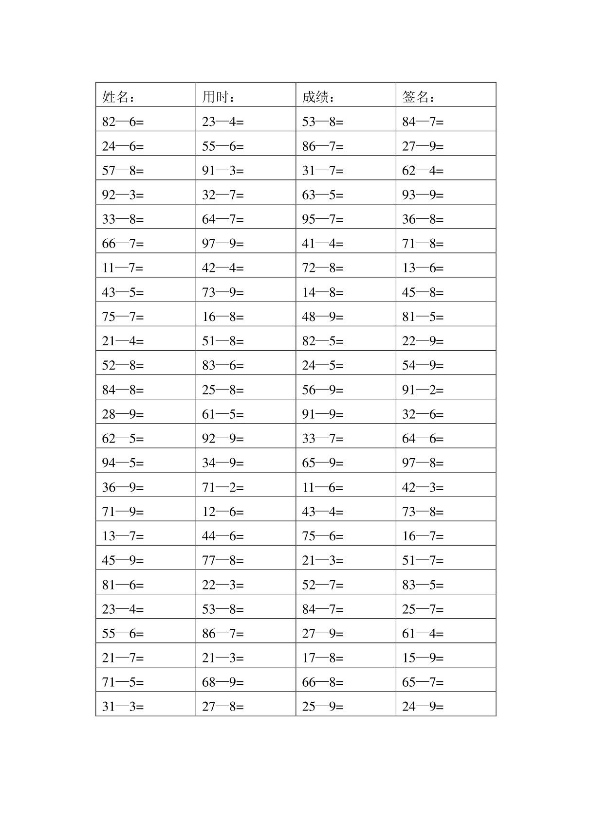 100以内退位减法和进位加法