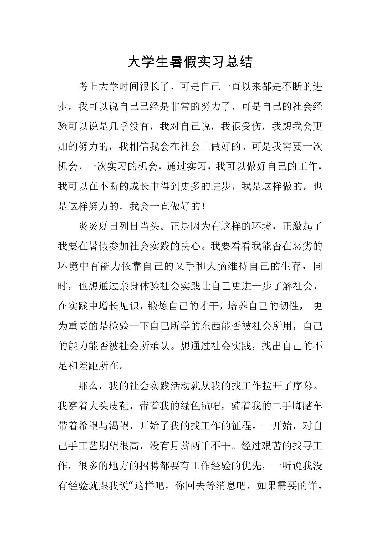 大学生暑假实习总结