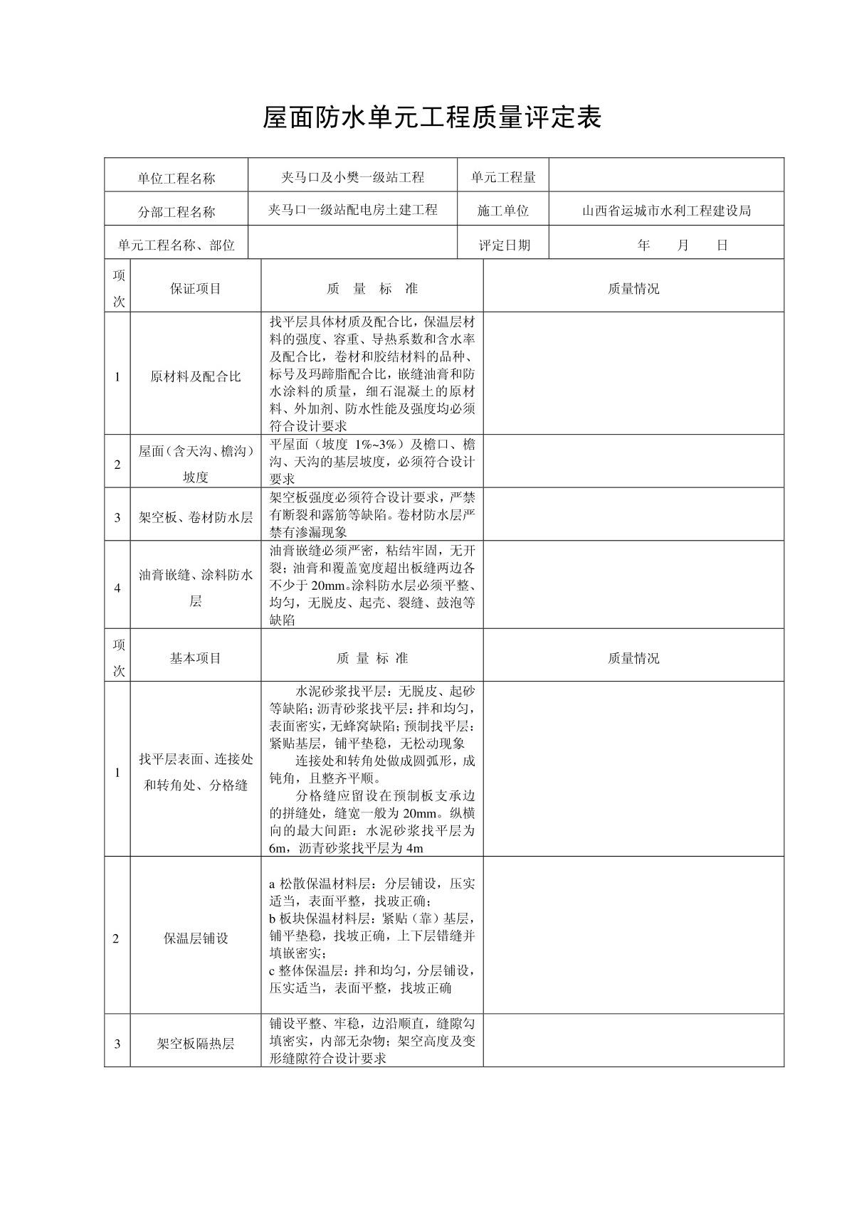 屋面防水单元工程质量评定表