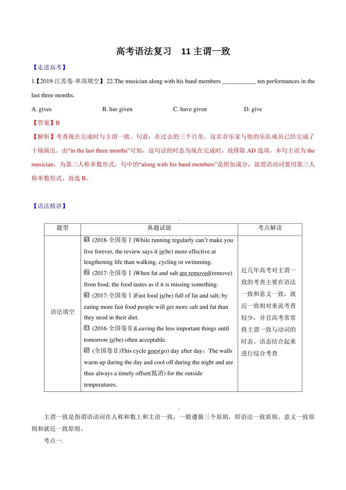 2020高考英语易错语法点30题专题11 主谓一致(解析版)