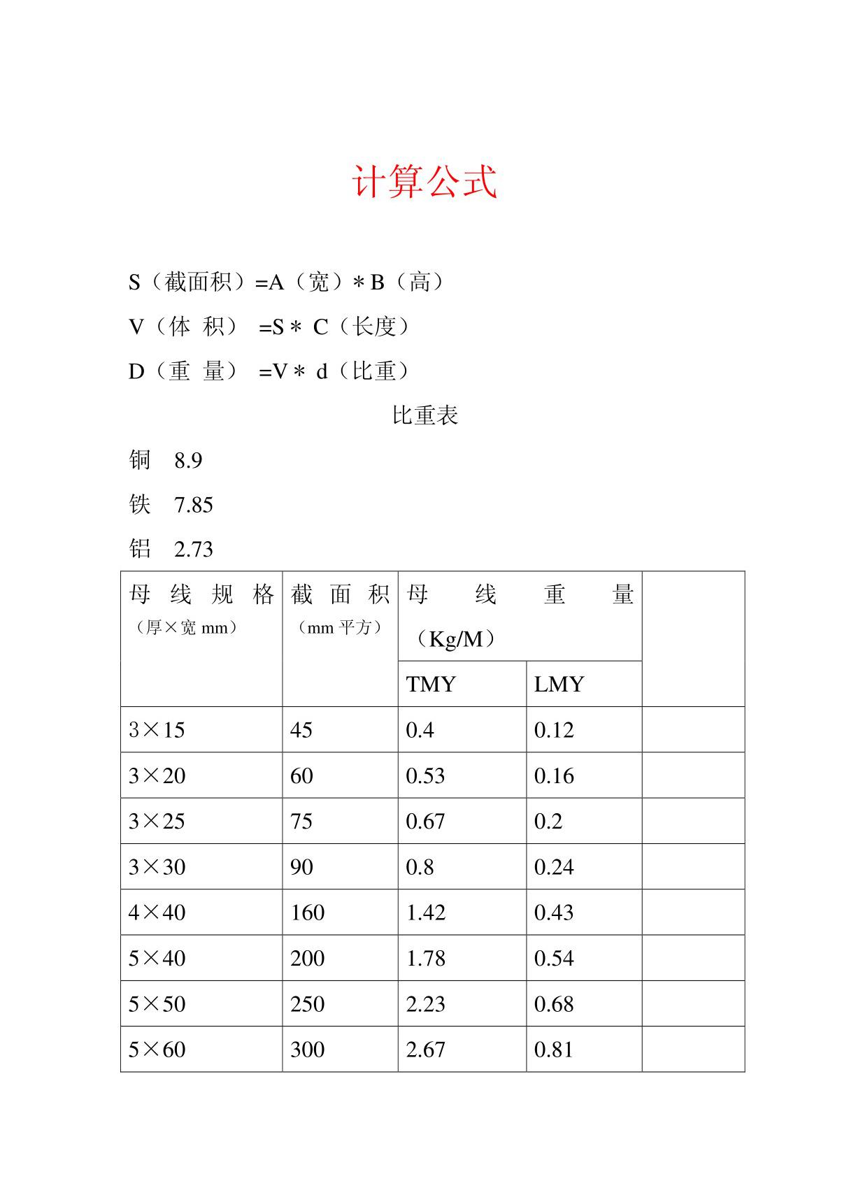 铜 铝排重量计算公式