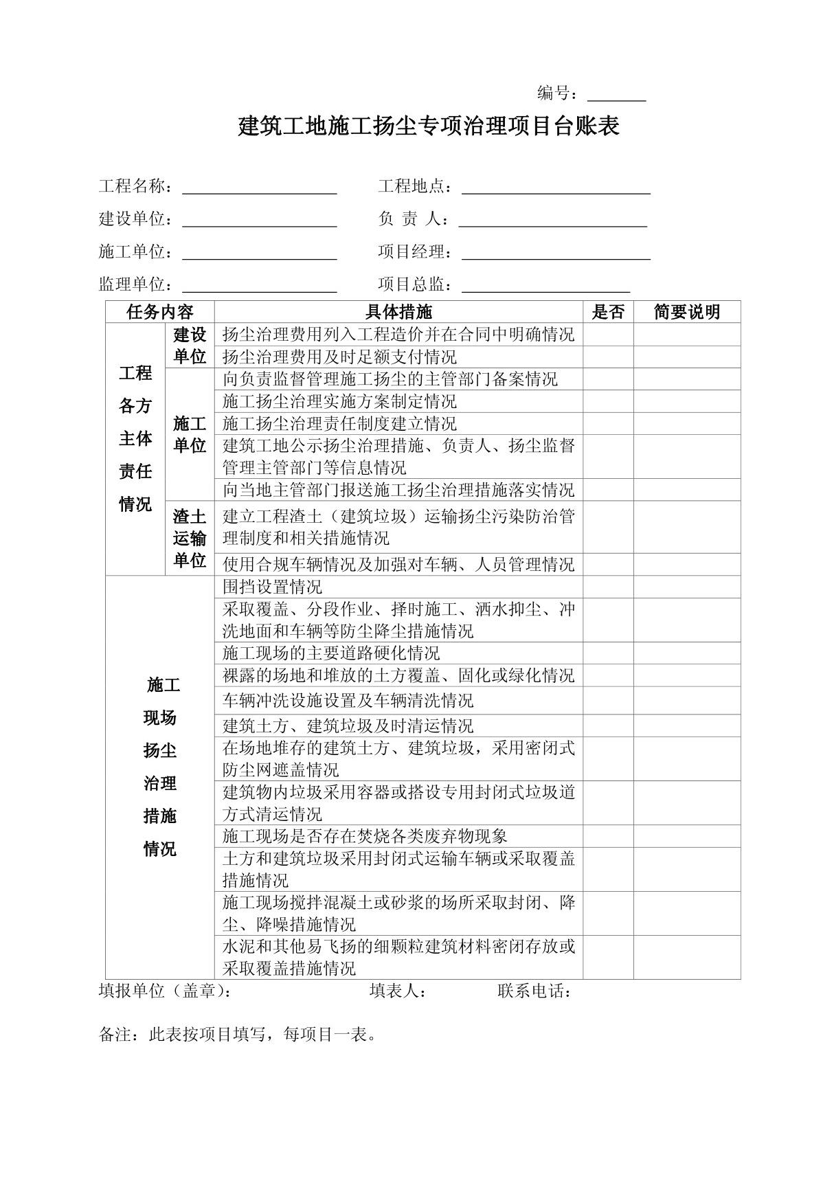 建筑工地施工扬尘专项治理项目台账表