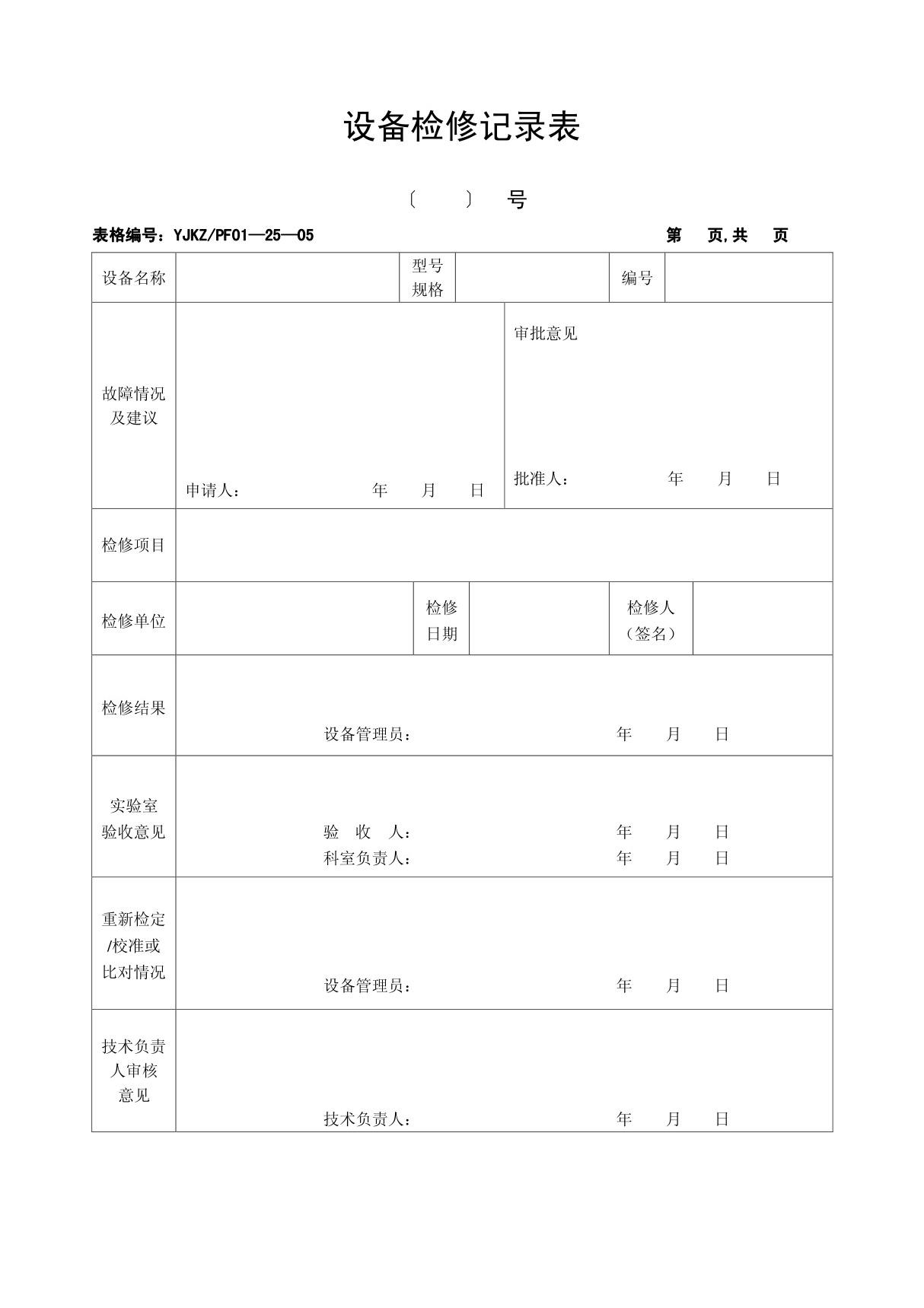 设备检修记录表