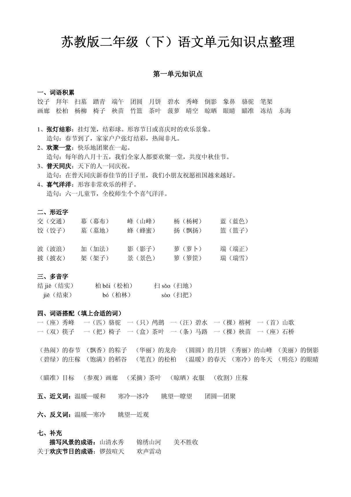 苏教版二年级下册语文单元知识点整理