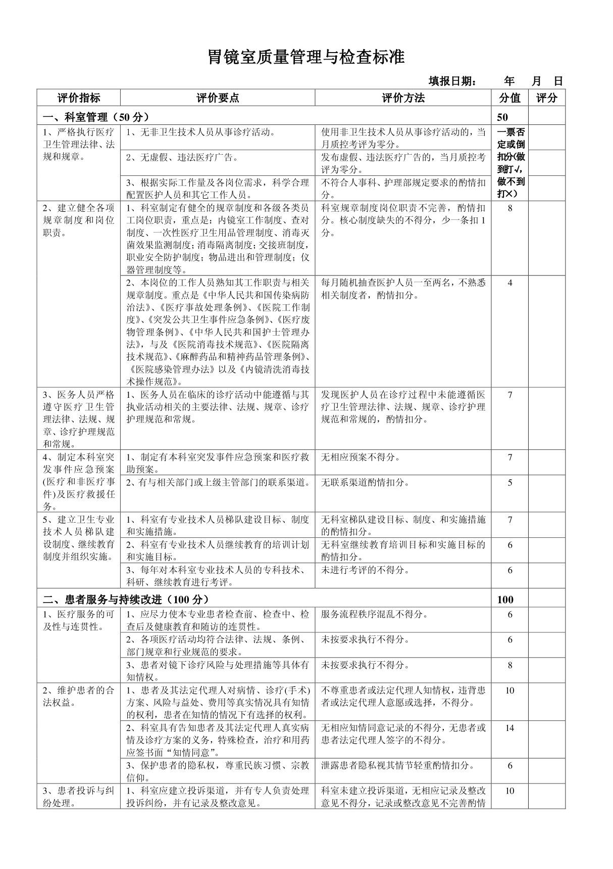 内镜室医疗质量评价体系与考核标准