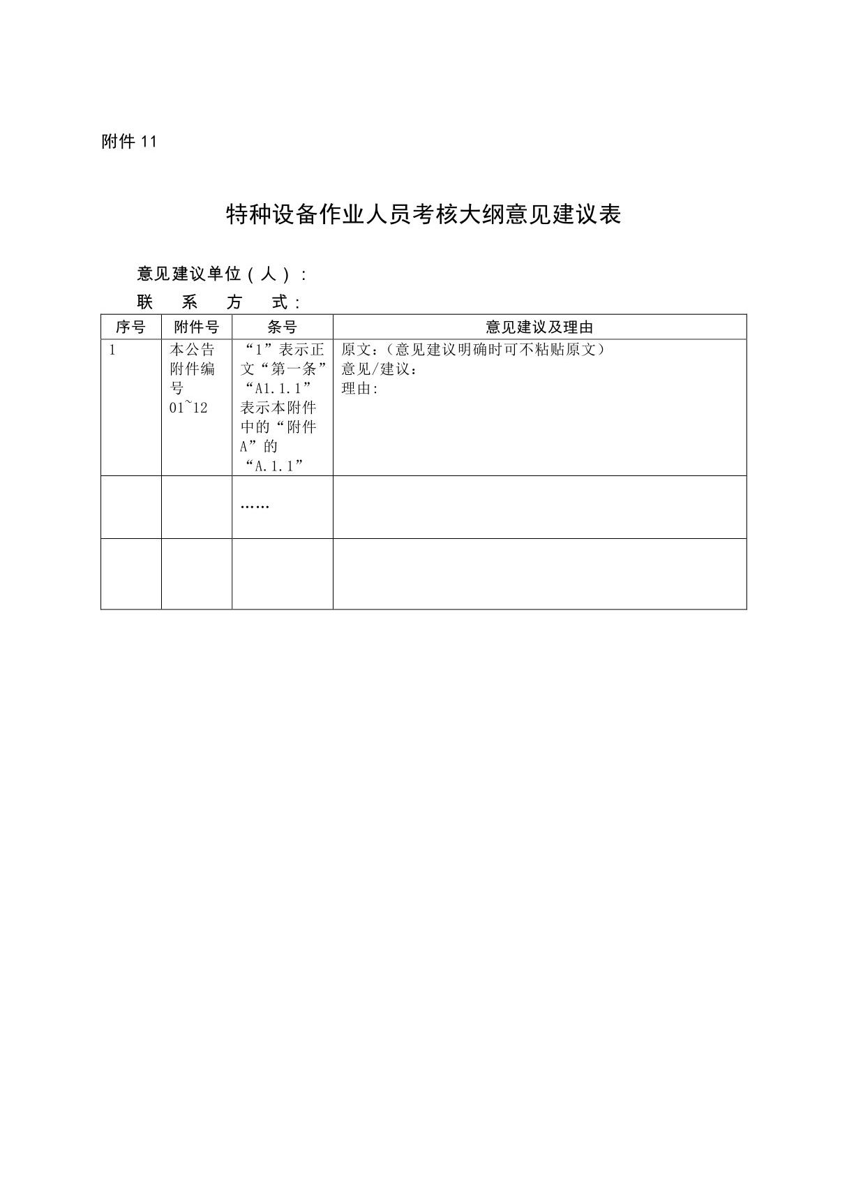 《特种设备作业人员考核大纲意见建议表》