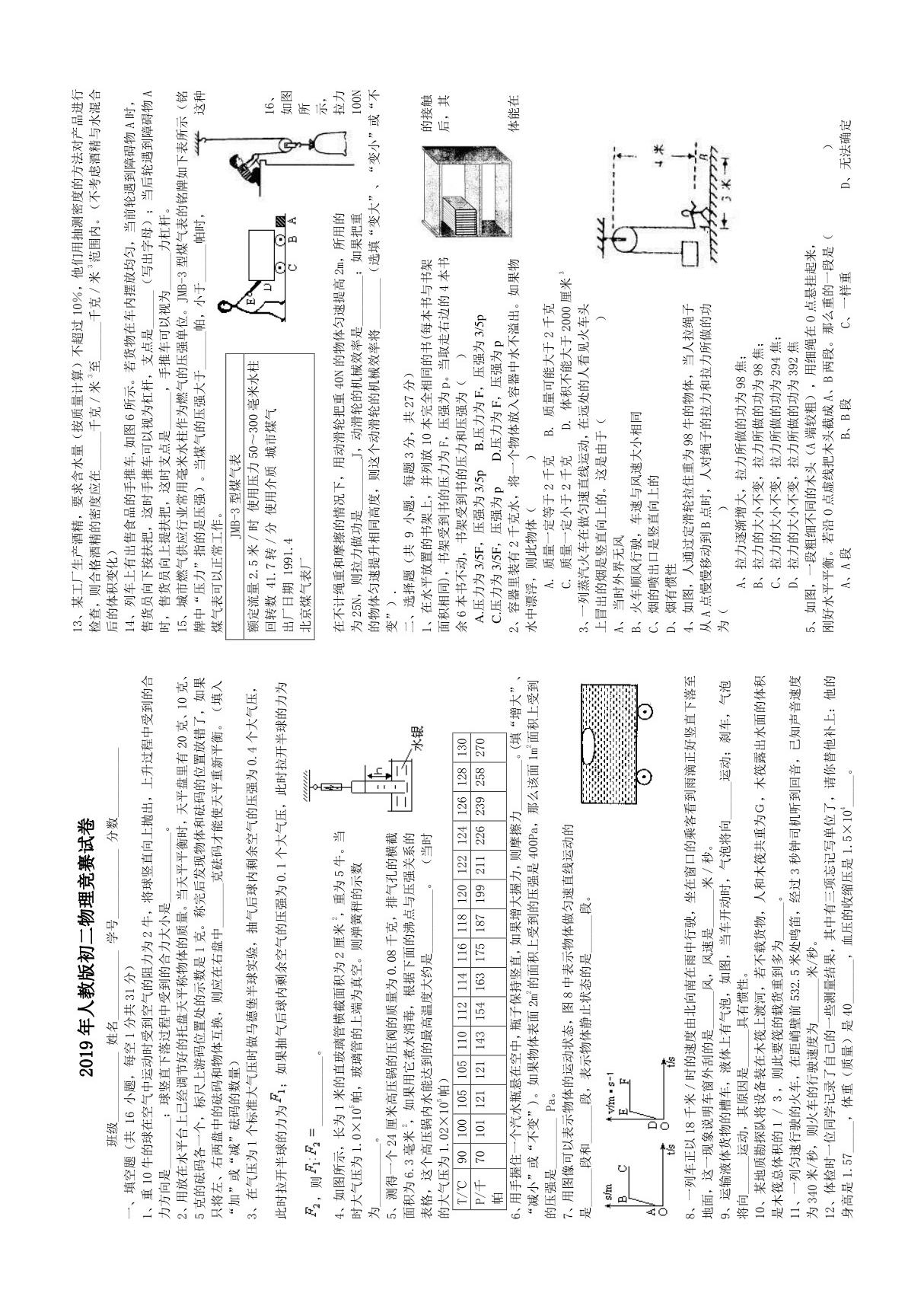 2019年人教版初二物理竞赛试卷