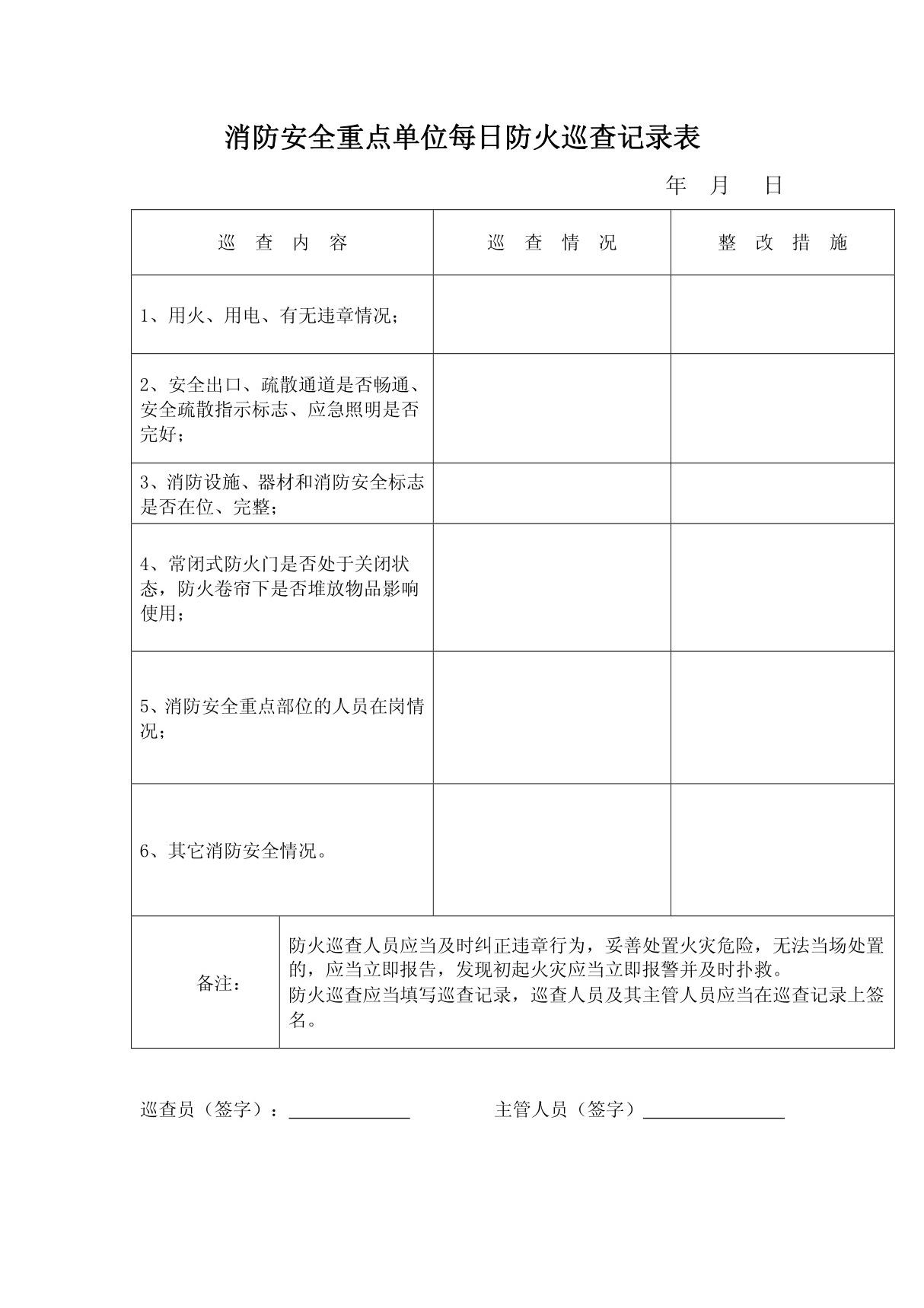 消防安全重点单位每日防火巡查记录表